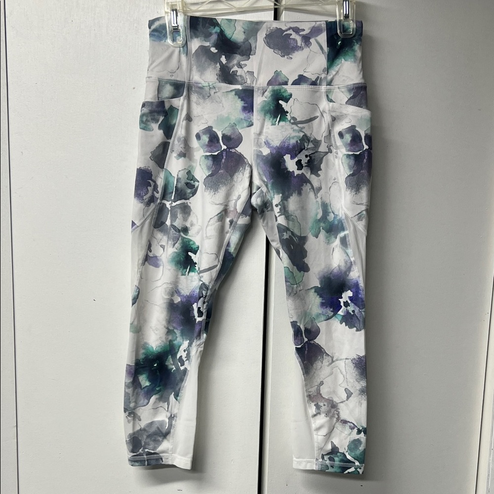 Athleta Watercolor Floral 3/4 length Leggings in Purple and Green Shades. - Picture 1 of 7